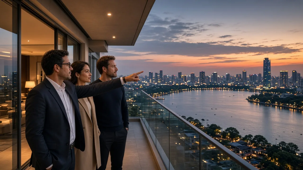 International buyers viewing a premium Hanoi apartment at dusk