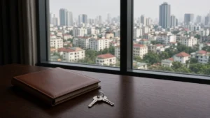 Urban Vietnam cityscape viewed from a property window