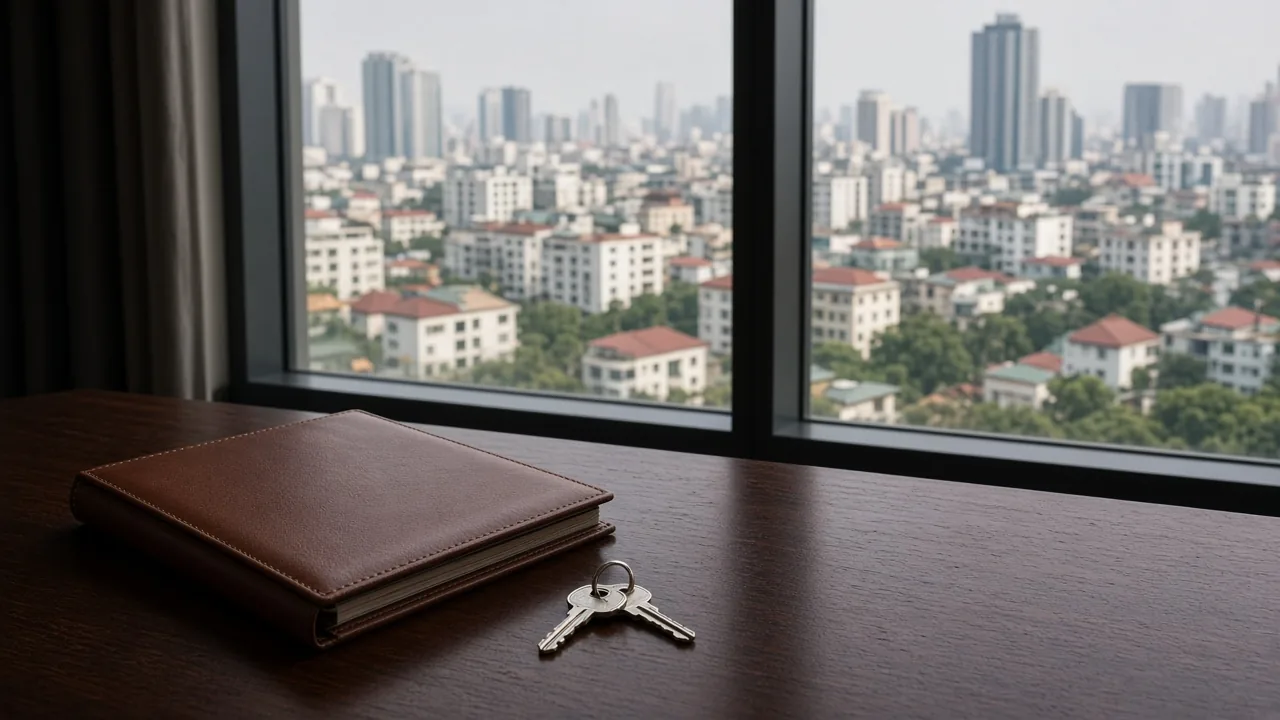 Urban Vietnam cityscape viewed from a property window