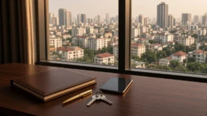 Property documents, calculator and apartment keys beside a Hanoi skyline