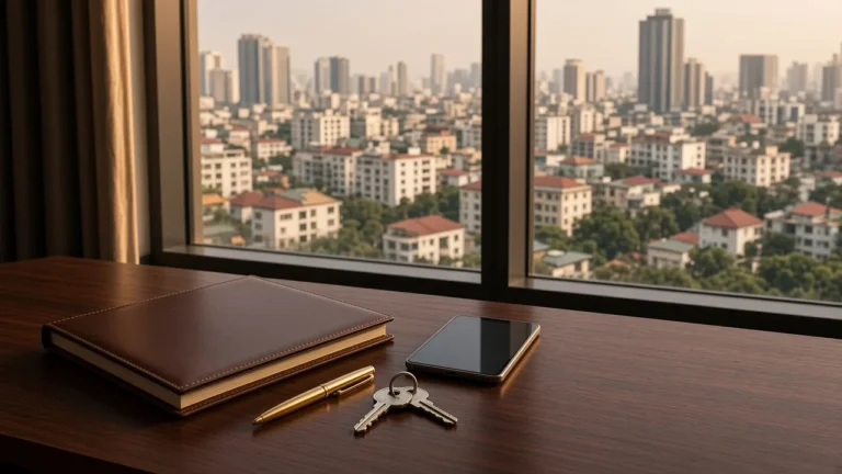 Property documents, calculator and apartment keys beside a Hanoi skyline