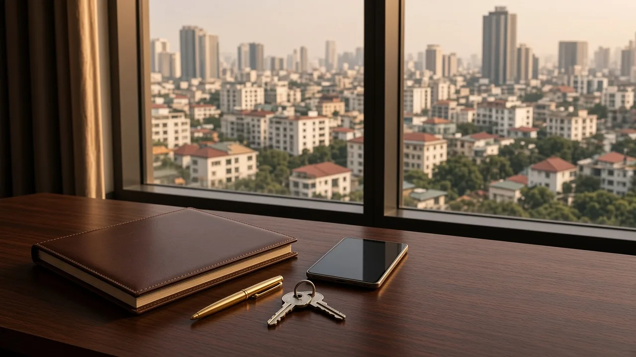 Property documents, calculator and apartment keys beside a Hanoi skyline