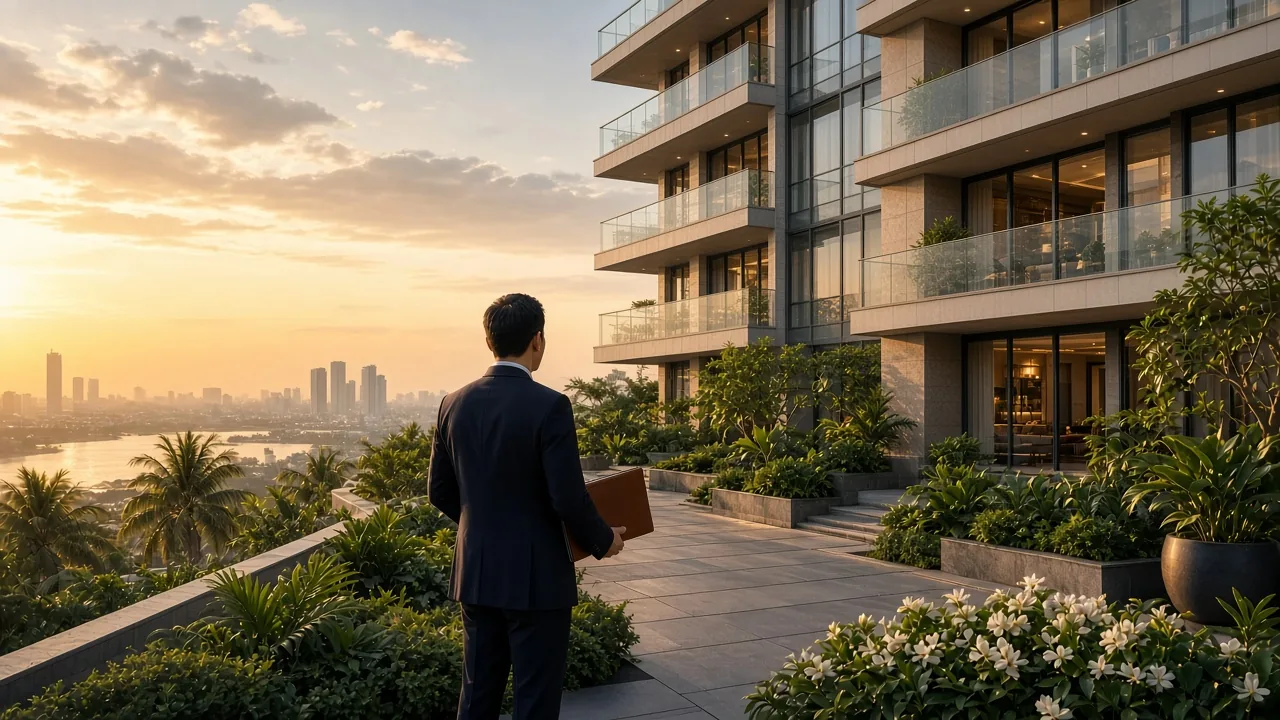 Luxury Hanoi residential high-rise at golden hour