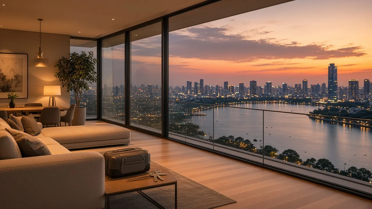 Sunlit premium Hanoi apartment living room prepared for rental